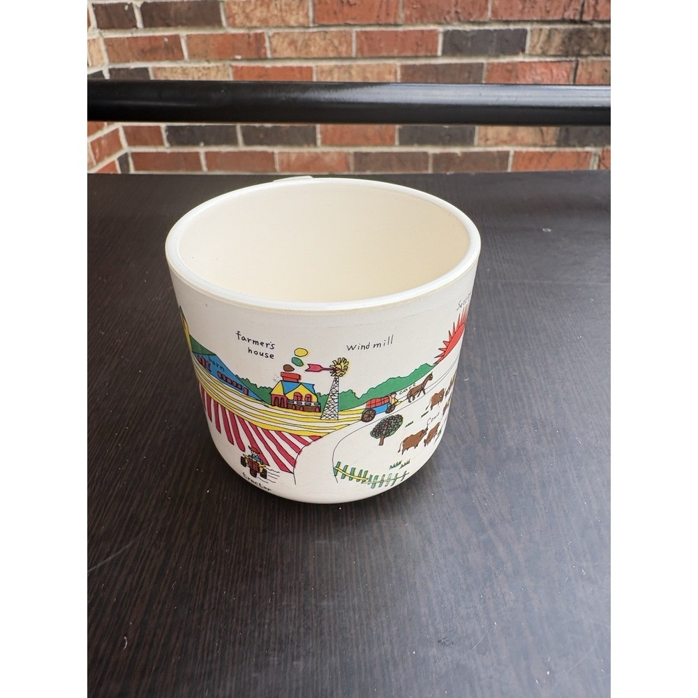 Interpur 1985 Hard Plastic Coffee Cup Mug Made In Taiwan With Farm Graphic